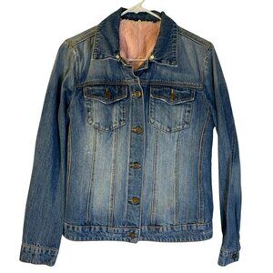 Driftwood Women's Denim Jacket Sz M Blue Pink Faux Fur Lining Classic Retro Boho